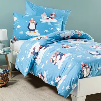 Комплект детского постельного белья Caleffi Penguins In Cotton, 3 предмета, лазурный
