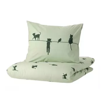 Комплект детского постельного белья Ikea Barndrom Cat, 2 предмета, 140x200/80x80, зеленый