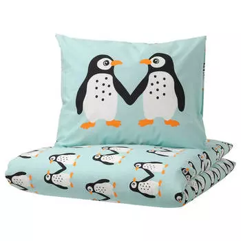 Комплект детского постельного белья Ikea Blavingad Penguin, 2 предмета, 140x200/80x80, светло-бирюзовый