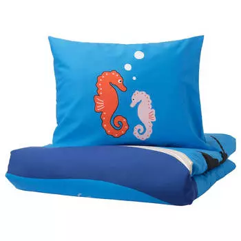 Комплект детского постельного белья Ikea Blavingad Sea Animals, 2 предмета, 140x200/80x80, синий/мультиколор