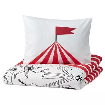 Комплект детского постельного белья Ikea Busenkel Circus, 2 предмета, 140x200/80x80, белый/красный