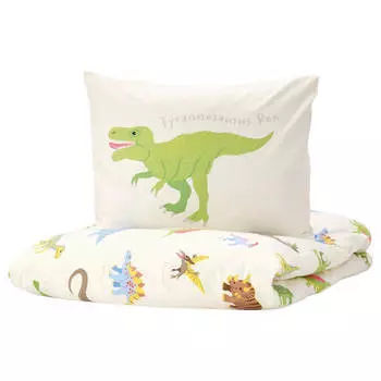 Комплект детского постельного белья Ikea Jattelik Dinosaur, 2 предмета, 140x200/80x80, белый/мультиколор