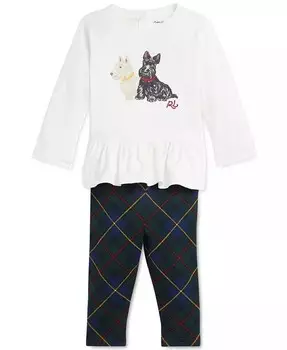 Комплект детского топа с баской и леггинсов с принтом Polo Ralph Lauren, белый