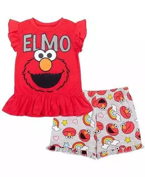 Комплект детской футболки Elmo и шорт из французской махровой ткани для маленьких девочек Sesame Street, красный
