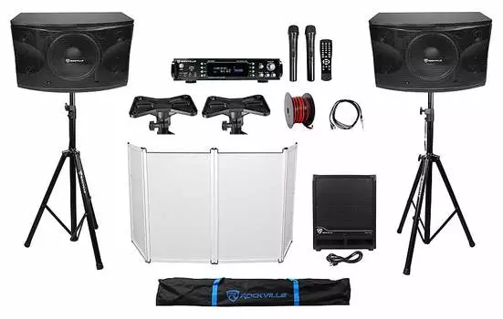 Комплект DJ с (2) 12-дюймовыми динамиками мощностью 1600 Вт + сабвуфер + усилитель + фасад + стойки + кабели + сумка + Rockville R14GSBR100 Red/Blk 14 калибра 100 футов. KPS12+RVSS2+RVSSA1+RPA70WBT+R14GSBR50 3