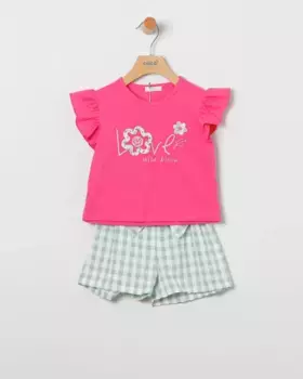 Комплект для девочек из футболки и шорт в клетку Coco Acqua, зеленый