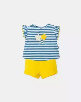 Комплект для девочек из футболки в полоску атлантического синего цвета и желтых шорт Tutto Piccolo, синий