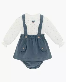 Комплект для девочки из блузки и юбки со звездами, подтяжками и вельветовым чехлом под подгузник синего цвета Martn Aranda, синий