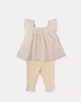 Комплект для девочки из блузки в клетку песочного цвета и однотонных леггинсов Tutto Piccolo, бежевый