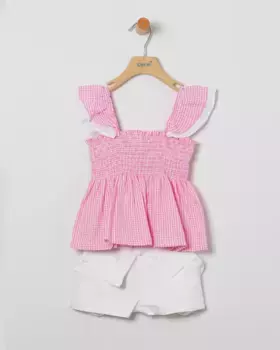 Комплект для девочки из блузки в клеточку и однотонных шорт-бермуд Coco Acqua, фуксия