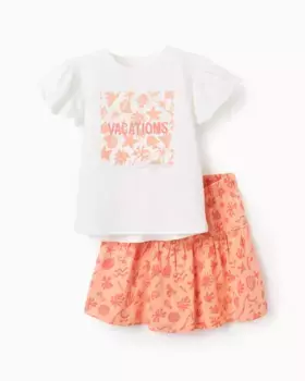 Комплект для девочки из футболки и юбки с принтом Zippy, белый