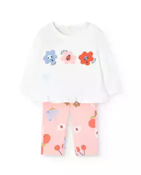 Комплект для девочки из футболки с рюшами и брюк с принтом Boboli, белый