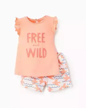 Комплект для девочки из футболки с рюшами и шорт с принтом Zippy, оранжевый