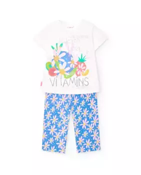 Комплект для девочки из футболки с выкройкой спереди и брюк с принтом Boboli, белый