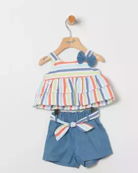 Комплект для девочки из полосатой блузки с оборками и джинсовых шорт Coco Acqua, мультиколор