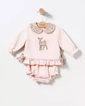 Комплект для девочки из розового плюшевого свитера и шаровара с аппликациями в мелкую клетку Coco Acqua
