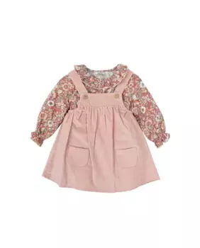 Комплект для девочки из рубашки с цветочным принтом и вельветового платья-сарафана BABID, красный