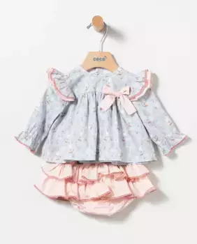 Комплект для девочки из синей блузки с цветочным принтом и шаровара в клетку Coco Acqua