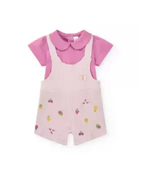 Комплект для девочки из сиреневой футболки в рубчик и комбинезона с фруктовой вышивкой Tuc tuc, сиреневый