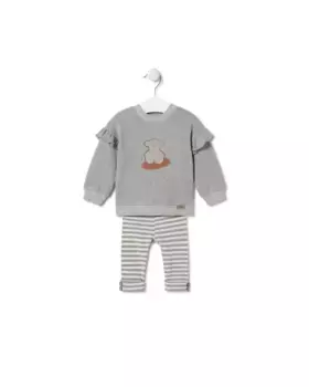 Комплект для девочки из толстовки с медвежонком и полосатых леггинсов Tous, серый