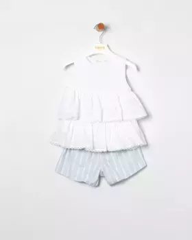 Комплект для девочки из топа с оборками и полосатых шорт-бермуд Coco Acqua, синий
