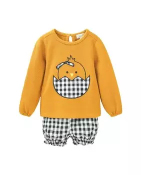 Комплект для девочки из вязаного свитера горчичного цвета и рубашки-поло в мелкую клетку Dadati, горчичный