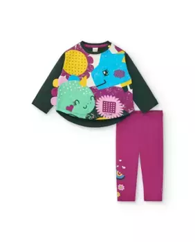 Комплект для девочки из зеленой футболки с принтом динозавров и леггинсов цвета фуксии Tuc tuc