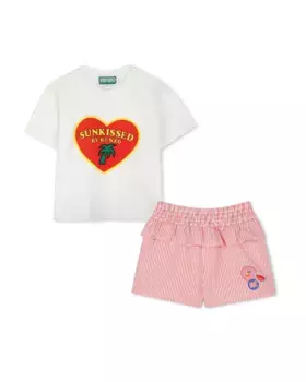 Комплект для девочки с футболкой с принтом спереди и полосатыми шортами Kenzo Kids, красный