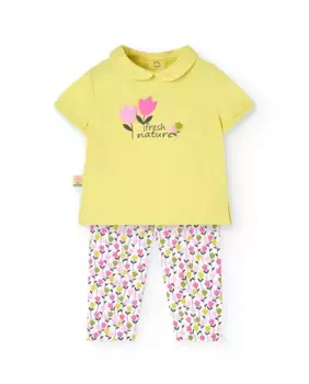 Комплект для девочки, состоящий из футболки с воротником рубашки и брюк с принтом Boboli, жёлтый