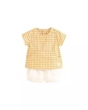 Комплект для мальчика из рубашки в мелкую клетку и однотонных шорт Dadati, горчичный
