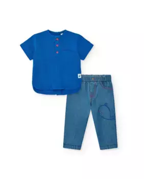 Комплект для мальчика: синяя рубашка с короткими рукавами и джинсы с вышивкой в виде кита Tuc tuc, синий