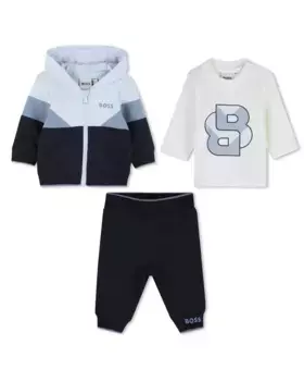 Комплект для мальчика: спортивный костюм с капюшоном и футболка BOSS Kidswear, темно-синий