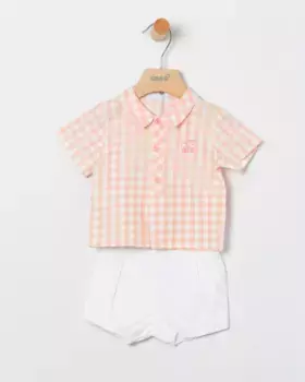 Комплект для мальчика в клетку и однотонная рубашка с шароварами Coco Acqua, цвет Salmn
