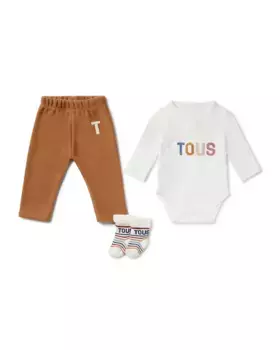 Комплект для новорожденного из хлопка и вязания в сочетании с носками Tous, бежевый