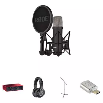 Комплект для записи микрофона RODE NT1 Signature Series с интерфейсом Scarlett 2i2 и аксессуарами (черный)