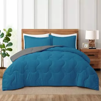 Комплект двустороннего пухового альтернативного одеяла, 1 пододеяльник и 2 наволочки Peace Nest, цвет Dark Blue/Light Gray