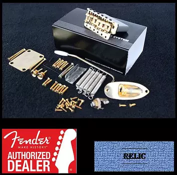 Комплект фурнитуры Fender Lefty Aged/Relic USA 57/62 Vintage Stratocaster 2 3/16", золото, 0992049202 099-2049 American Vintage Stratocaster Left-Handed 6-Saddle Bridge Tremolo Assembly