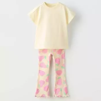 Комплект футболка + брюки Zara Summer Camp Printed Flare, розовый/светло-желтый