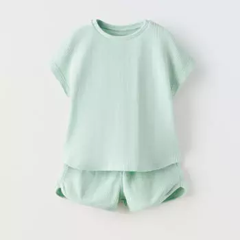 Комплект футболка + шорты Zara Summer Camp Waffle-texture, светло-зеленый