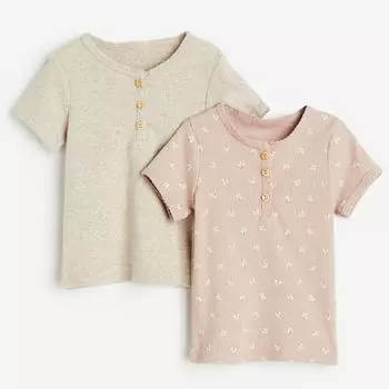 Комплект футболок H&M Ribbed Floral, 2 предмета, светло-розовый/светло-бежевый меланж