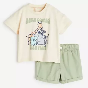 Комплект H&M Cotton Animals, 2 предмета, светло-зеленый/бежевый