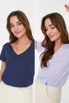 Комплект из 2 базовых трикотажных футболок из 100 % хлопка темно-синего и сиреневого цвета с v-образным вырезом Trendyol, темно-синий