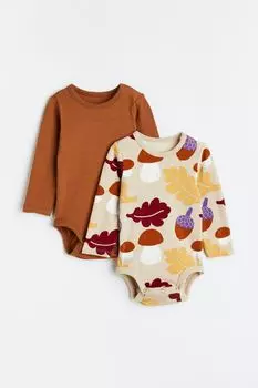 Комплект из 2 боди с длинными рукавами H&amp;M, светло-бежевый/с рисунком