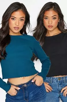 Комплект из 2 футболок с длинными рукавами и волнистой отделкой PixieGirl Petite, черный