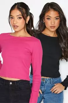 Комплект из 2 футболок с длинными рукавами и волнистой отделкой PixieGirl Petite, розовый