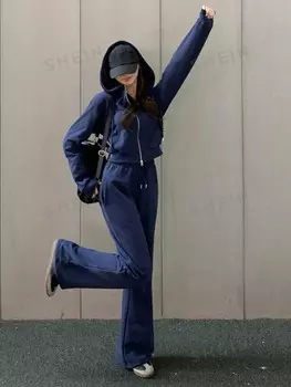 Комплект из 2-х предметов : толстовка и спортивные штаны, ткань на переплете, однотонный, для женщин, осень Dazy, темно-синий