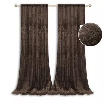 Комплект из 2-х штор, непрозрачная лента с рюшами, бархатная штора, тисненый рисунок блэкаут, термоштора, темно-синий, 132 х 183 см, спальня, гостиная, гостиница, ресторан easy home, коричневый
