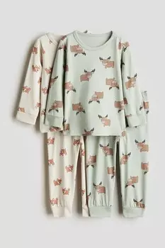 Комплект из 2 хлопковых пижам с принтом H&M, зеленый