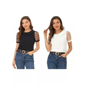 Комплект из 2 комплектов женских винтажных блузок с сетчатыми рукавами в горошек и воротником Питера Пэна, с короткими рукавами ALLEGRA K, цвет Black White