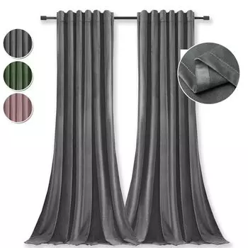 Комплект из 2 непрозрачных бархатных штор, темно-серая штора с рюшами на ленте, утолщенная плотная термобархатная штора для гостиной, спальни, 132 x 213 см easy home, темно-серый